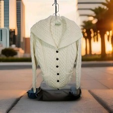 Carraig Donn Womens Handknit Pure Wool Fisherman Cardigan Sweater Ivory Size S