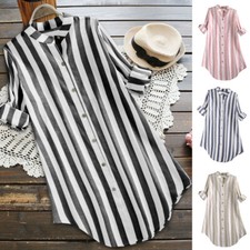 Women Striped Buttons Midi Shirt Dress Ladies Casual Cotton Linen Dresses