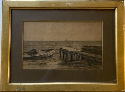 Radierung Carl Bloch (1834-1890) Boot und Steg am Meer Maritim 30 x 40 cm  - Bild 1 von 4