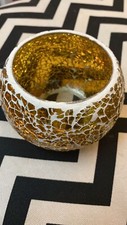 Gold Mosaic Tea Light Holder Crackle Glass Candle Holder Smashed Effect Globe.