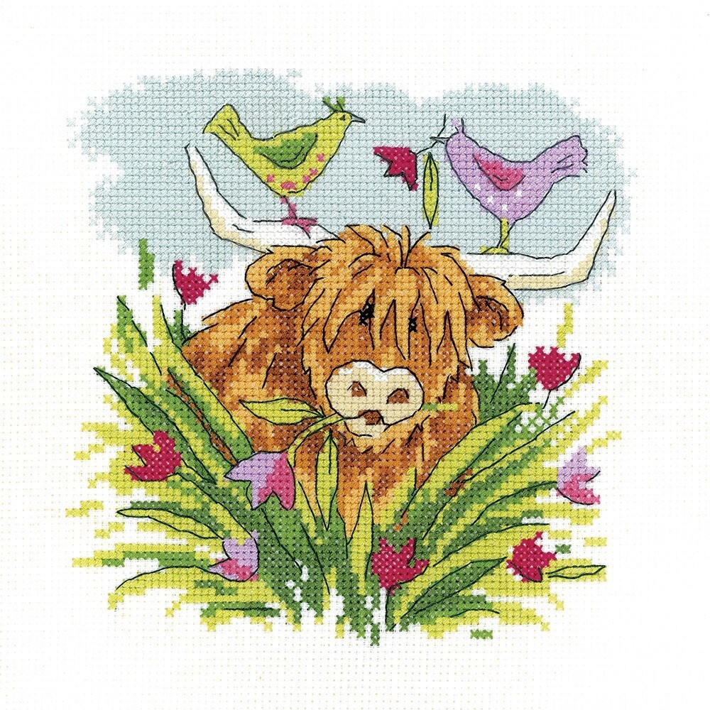 Heritage Crafts KCTP1687 Tulip - Highland Cow Cross Stitch Kit by Karen Carter