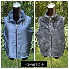 Vtg Reversible Faux Fur VEST Jacket Black Grey Guess Winter Womans Size Large