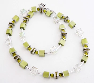 Halskette Collier Würfel Cat Eye Kristallglas oliv grün Strass 542c - Bild 1 von 4