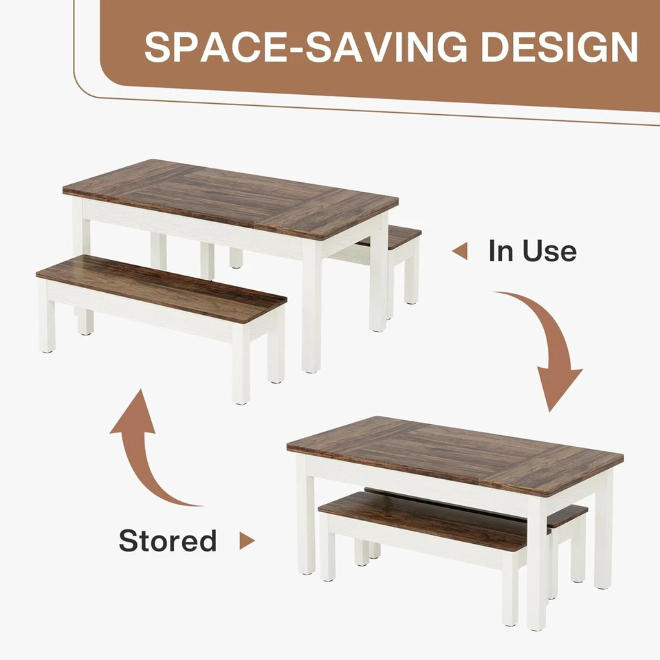 Farmhouse Kitchen Table Set for 4-6, 55-Inch Wooden Dining Table with 2 Benches - Image 3 of 4