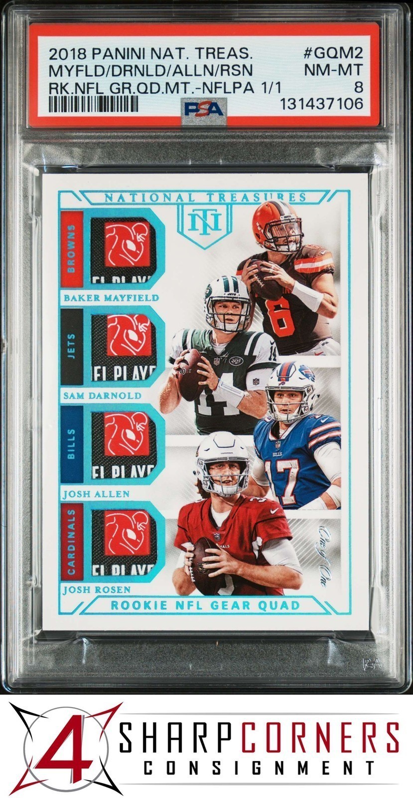 2018 NATIONAL TREASURES NFLPA 1/1 BAKER MAYFIELD-SAM DARNOLD-JOSH ALLEN RC PSA 8