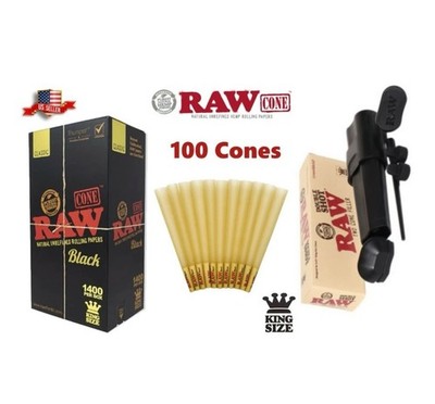 raw BLACK king size pre rolled cone+RAW double shot 2 cone filler loader