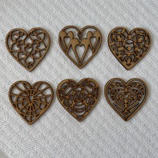 Set of 6 Wooden Heart Ornaments. Christmas Valentines Holiday. Laser Cut