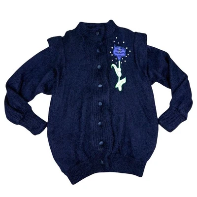 Vintage 80's Mohair Strickjacke L Blau Flauschig Übergröße Futter Verziert Blume - Bild 1 von 3