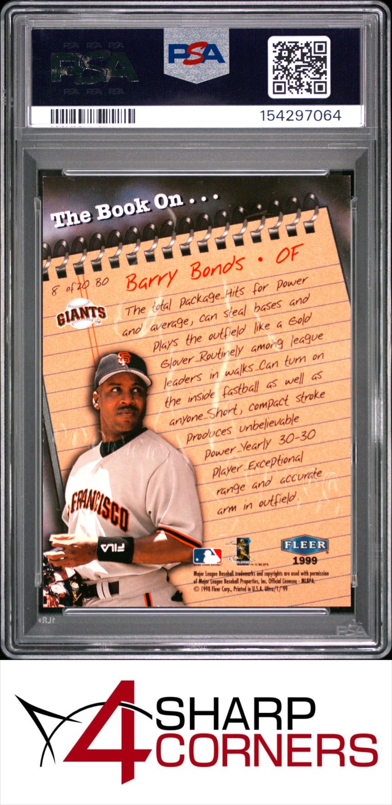 1999 ULTRA THE BOOK ON #8 BARRY BONDS GIANTS POP 2 PSA 9 view 2
