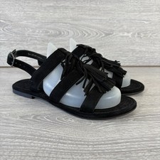 Fat Face Sandals Womens Black UK Size 5 Strappy Suede Tassel Flat Shoes Fringe