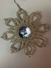 Silver Glitter Snowflake Ornament w/ Large Faceted Center Gem Christmas Decor