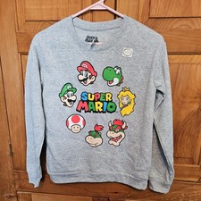Super Mario Luigi Bowser Toad gray crew neck pullover sweatshirt Boys XL 14-16 