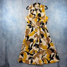 Nine West Womens Sleeveless Abstract Print Utility Midi Dress Yellow Tan Large