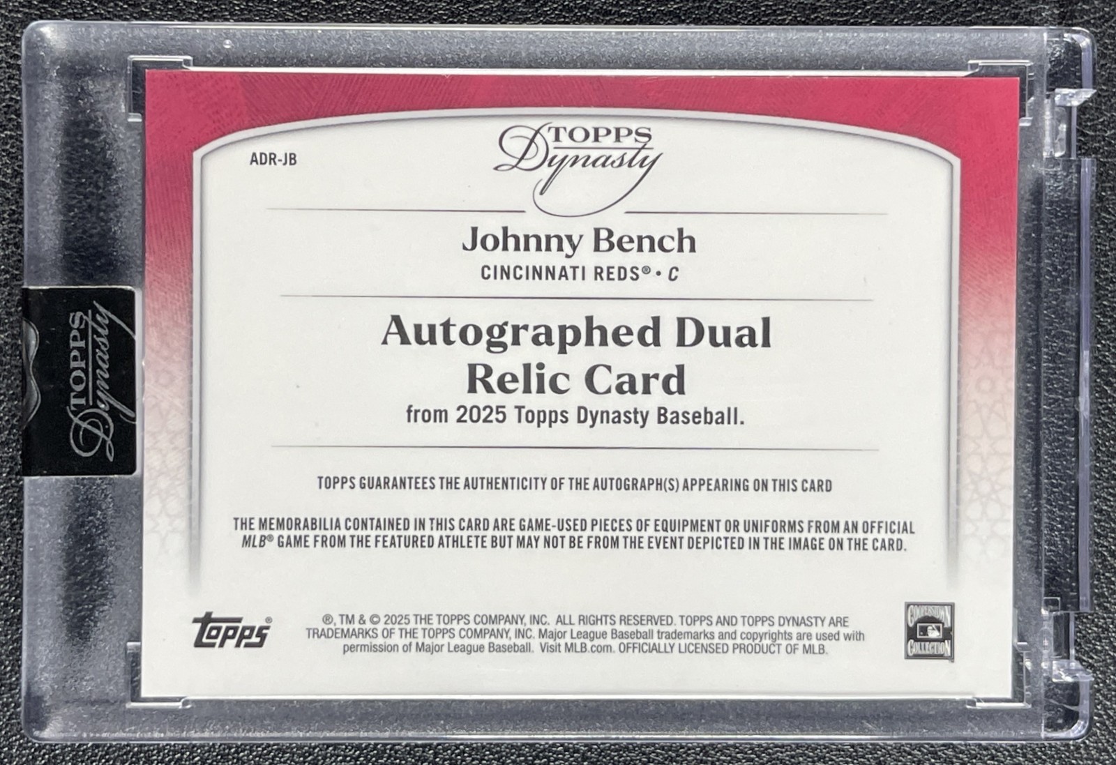JOHNNY BENCH 2025 TOPPS DYNASTY #ADR-JB DUAL GAME-USED BAT RELIC AUTO 5/5 REDS view 2