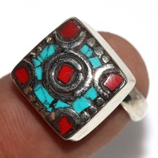 11gms Tibetan Turquoise Red Coral Nepali Tribal Gemstone Ring US FreeSize MJ
