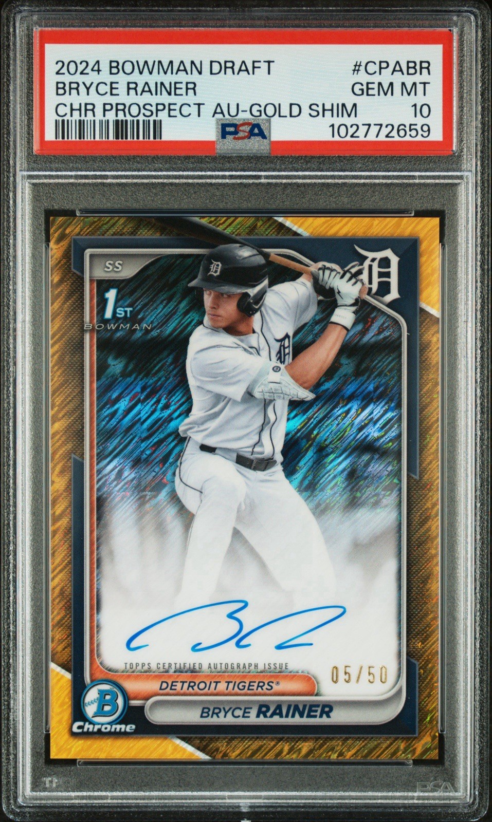 2024 Bowman Draft Bryce Rainer Chrome Auto Gold Shimmer Refractor 1st /50 PSA 10