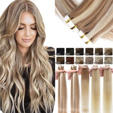 Tape In Remy Human Hair Extensions Invisible Skin Weft Highlight Balayage 16-20"