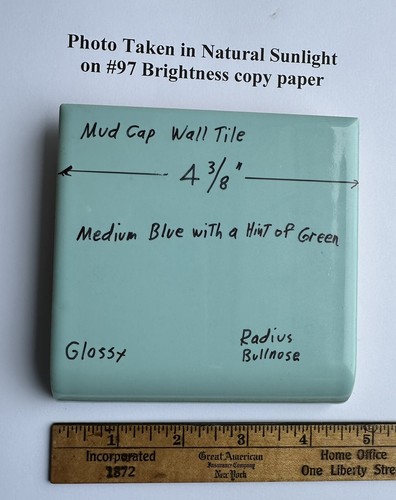 1pc. Blue + hint of green: Radius Bullnose Ceramic Tile 4-3/8": Glossy, Mud Cap - Picture 7 of 7
