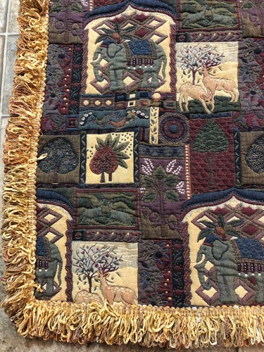 VTG Indian Tapestry Rug Fringed Wall Hanging Woven Throw Raised Quilted Elephant - Picture 2 of 7