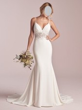 Fairytales Bridal Long Spaghetti Stretch Crepe Satin Floral lace Wedding Dress