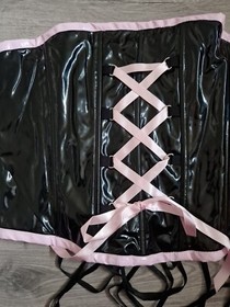 BNWT Vintage Ann Summers Insinuate Black/Pink PVC Corset Top Size Medium 14-16 