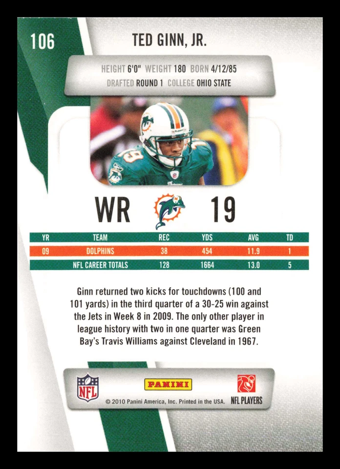 Ted Ginn Jr. #106 2010 Panini Prestige Miami Dolphins Football - Image 2 of 2