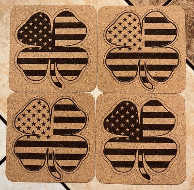 US Flag In 4 Leaf Clover - Laser Engraver 4   square Cork Coasters