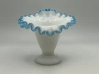 Vintage Fenton Milk Glass Ruffled Fan Edge Aqua Blue Crest Bud Vase