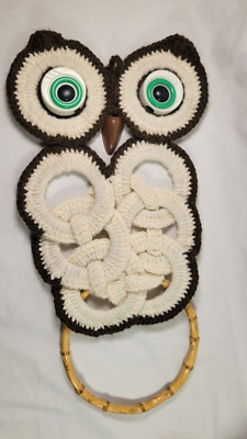 Vintage Macrame Owl Towel Holder Wall Hanging Brown White Boho