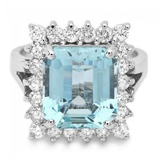 5.35 Carats NATURAL AQUAMARINE and DIAMOND 14K Solid White Gold Ring