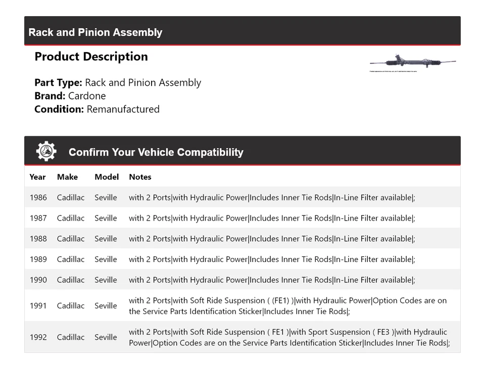 For 1986-1992 Cadillac Seville Rack and Pinion Assembly Cardone 1987 1988 1989 - Image 2 of 4