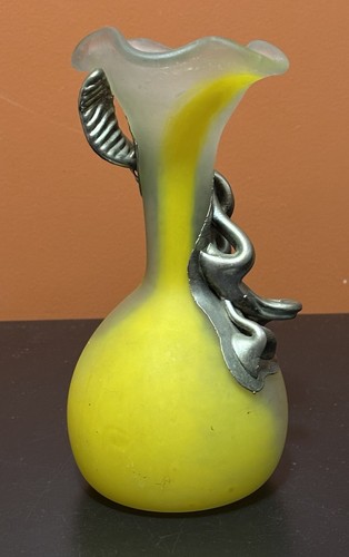 Yellow Blown Art Glass Vase Abstract Metal Overlay Decorative Collectible - Picture 5 of 15