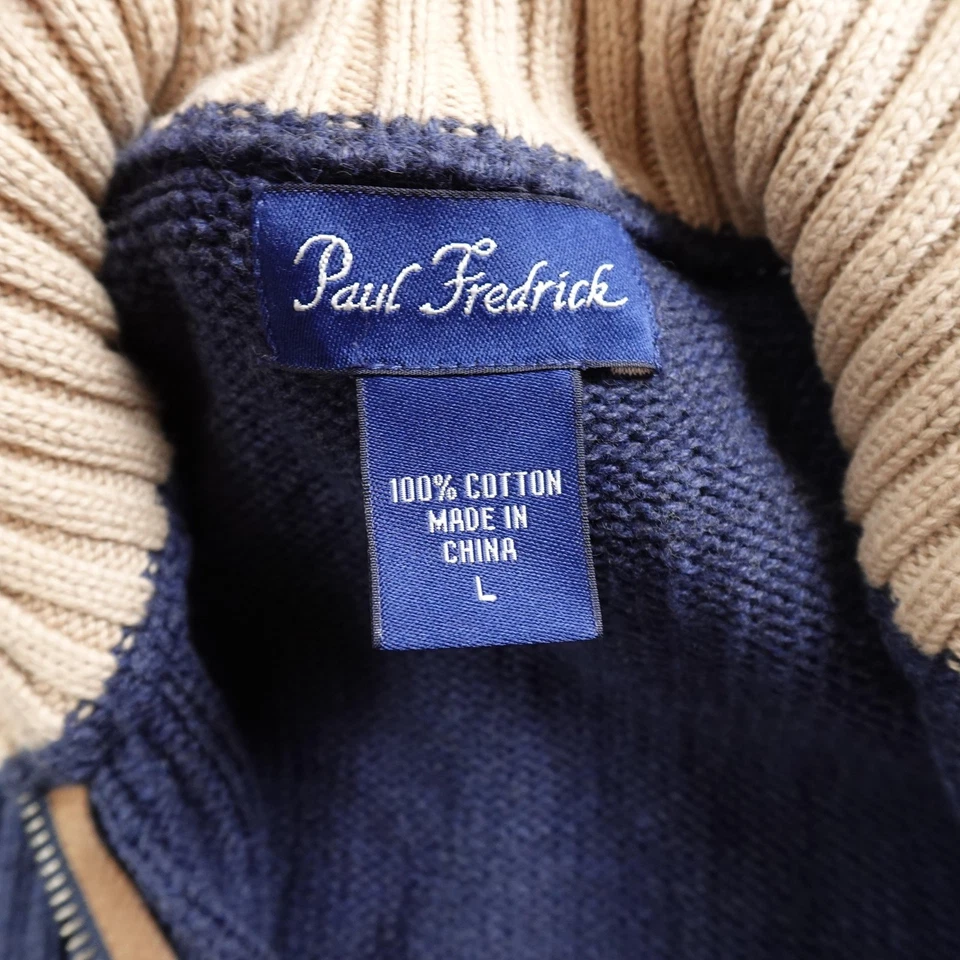 Paul Fredrick Sweater Mens L Blue Full Zip Ribbed Cable Knit Elbow Patch Jacket - Image 4 of 4