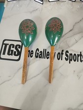 Vintage 2 Mexican Maracas hand Shaker Music 12" Long 3.25" Width Hand Painted VG
