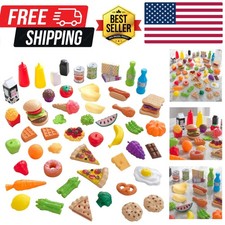 65-Piece Plastic Play Food Set for Play Kitchens, Fruits, Veggies, Sweets, Dr...