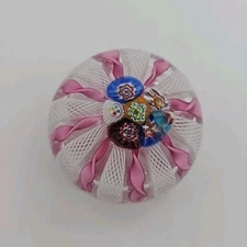 VTG Murano Millefiori Latticino Pink & White Swirl Paperweight Art Glass 2 1/2"