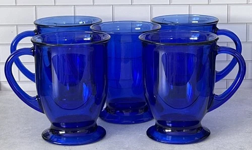 Vintage Anchor Hocking Cobalt Blue Glass Pedestal Mugs Set of 5 USA
