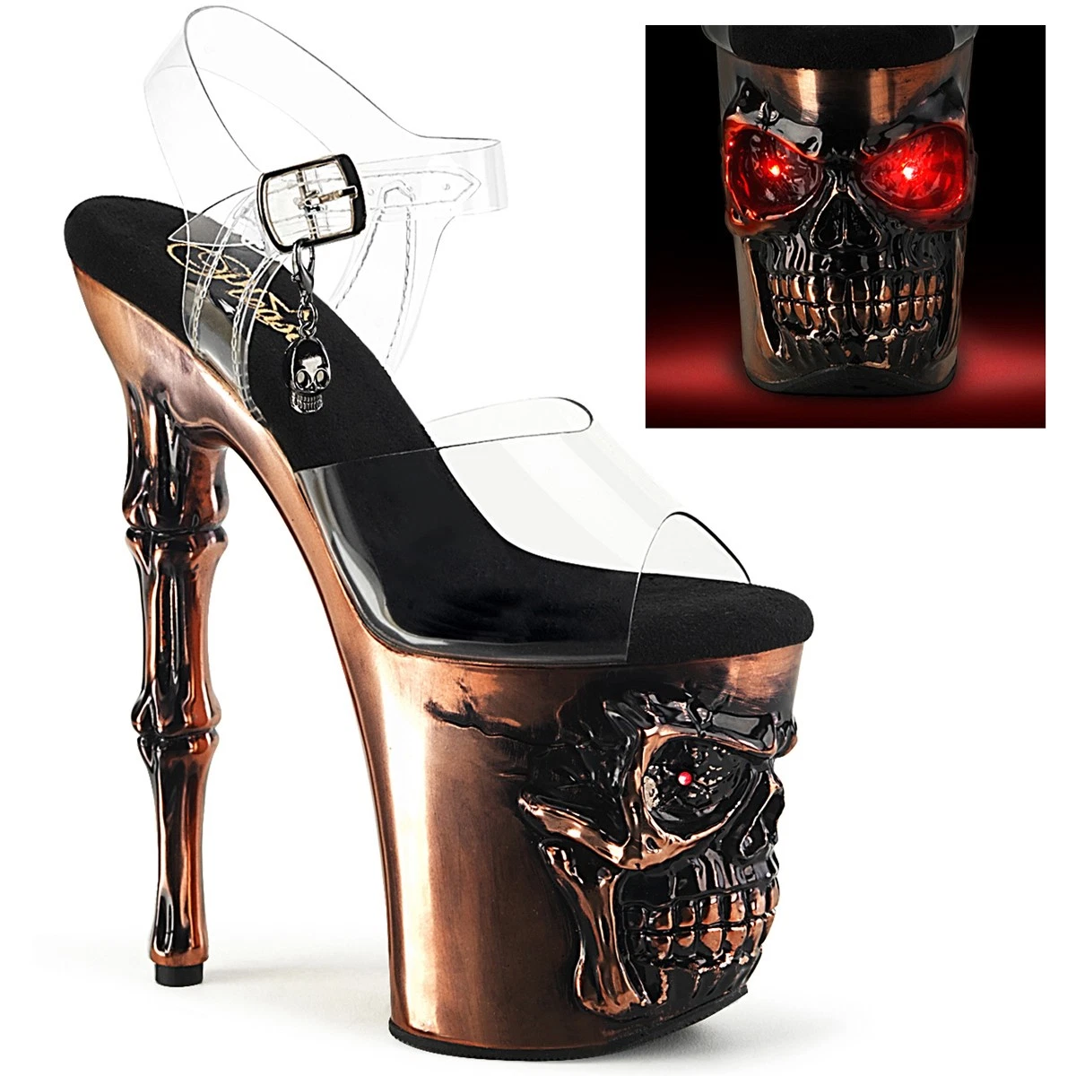 Pleaser 8" Finger Bone Skull Pf Led Strap Sandals Adult Women Rapt808-Lt/C/Basch