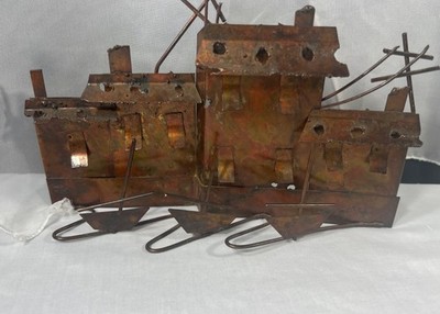 Vintage Standing Copper Boat Wharf Scene Sculpture