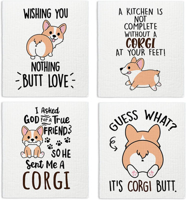 Cute Dog Corgi Swedish Dishcloths for Kitchen, 4 Pack Dog Gifts Swedish Dish Clo