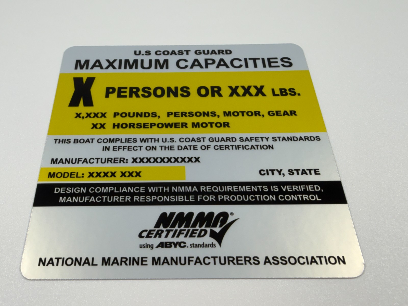 Custom Boat Capacity Plate Sticker Replacement Decal NMMA USCG 4x4 Silver Vinyl