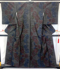 Japanese Vintage Kimono Silk Gray Oshima Drit Traditional Authentic Length 59 in