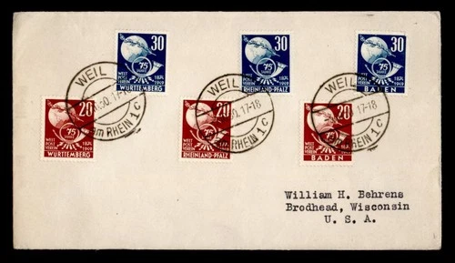 DR WHO 1950 GERMANY WURTTEMBERG FDC? UPU ANIV COMBO WEIL M69209