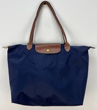 Longchamp Le Pliage Large Tote Bag Navy Nylon Brown Leather Handles