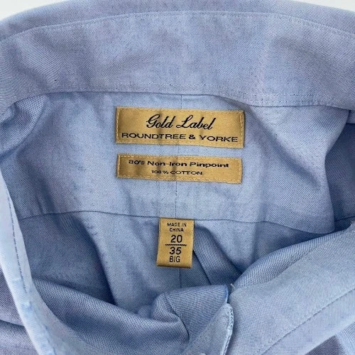 Roundtree and Yorke Gold Label Button Down Shirt Mens 20 35 BIG Blue Cotton - Image 3 of 4