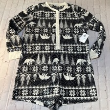 NWT Old Navy Fleece 1-pc Short-all Pajama Lounge Set Gray Winter Bear Print