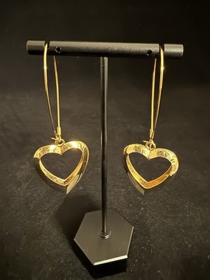 Earrings Gold Tone Open Heart Hanging From Long Loop Wire Pierced
