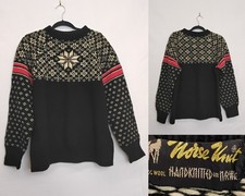 Norse Knit Wool Sweater Men's L Black Fair Isle Hand Knit Norway Vintage W4787