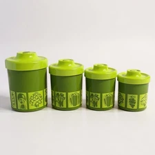 Vintage Retro Kitchen Canisters Set of 4 Green Vegetable Design 60s 70s Decor