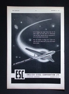 Original 1950 Reklame English Steel Corporation De Havilland Comet